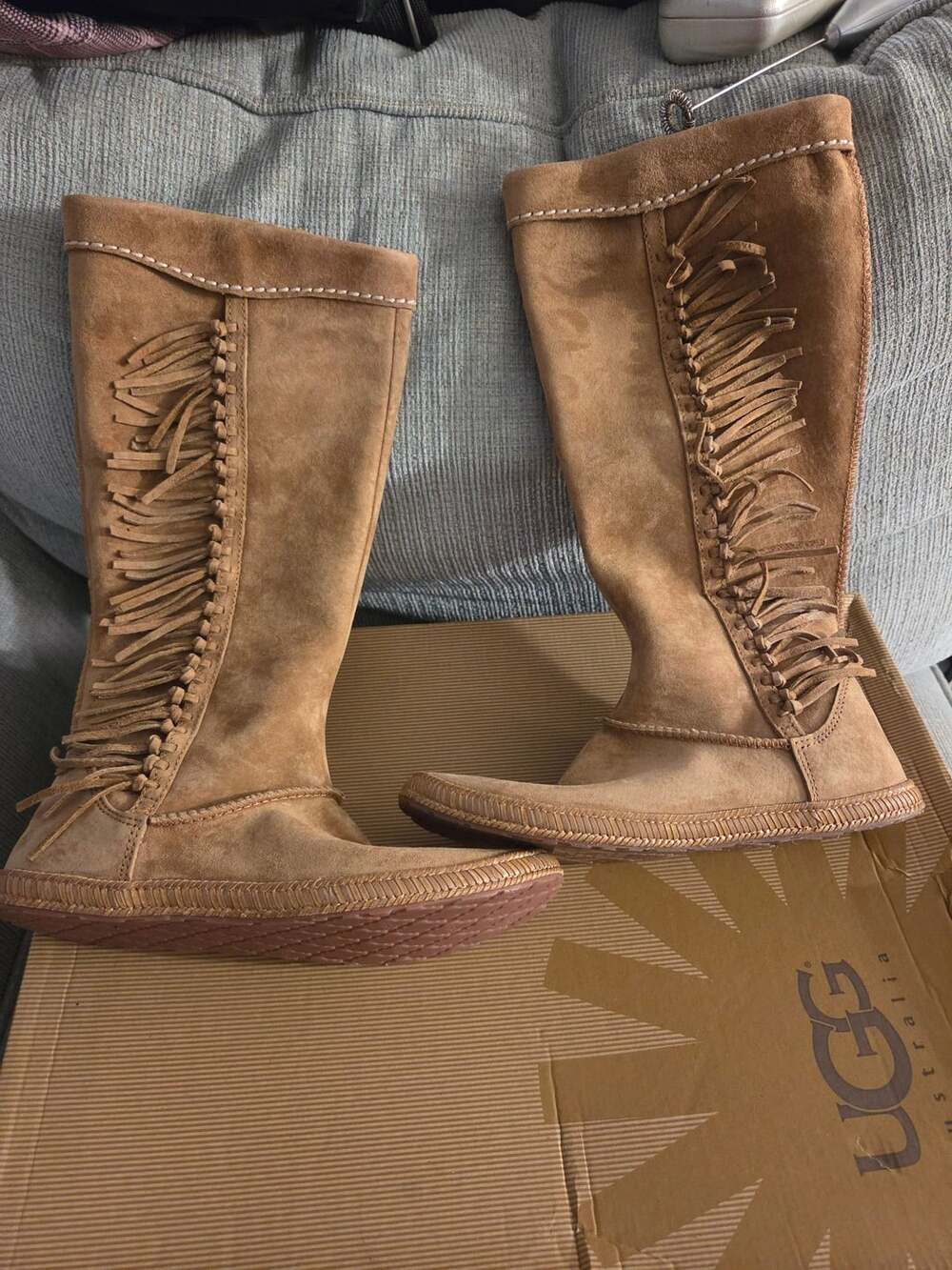 UGG Mammoth Boots Size 7 Chestnut Suede Fringe Tall Zip